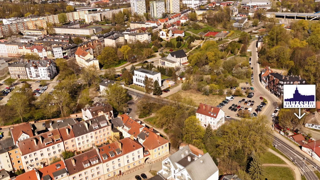 Widok z lotu ptaka na parkingi położone w okolicy muzeum przy skrzyżowaniu ulic Dąbrowskiego i Podgrodzie, obok grafiki szczegółowa lista lokalizacji (kliknięcie powiększy zdjęcie).
